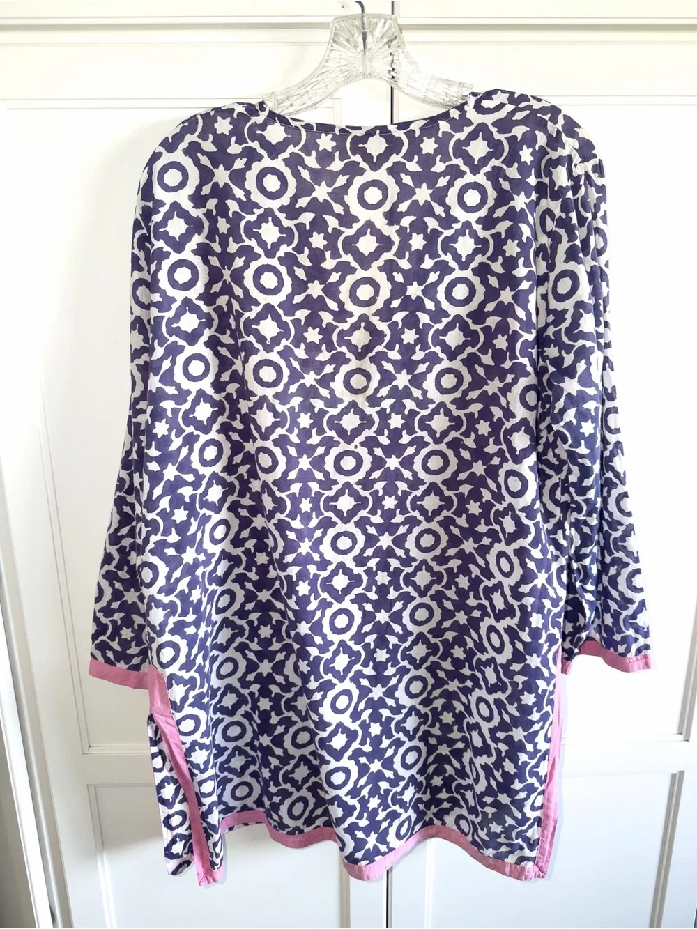 Roller Rabbit Blue Geometric Swim Cover-Up Tunic with Pink Trim Large Pool Beach